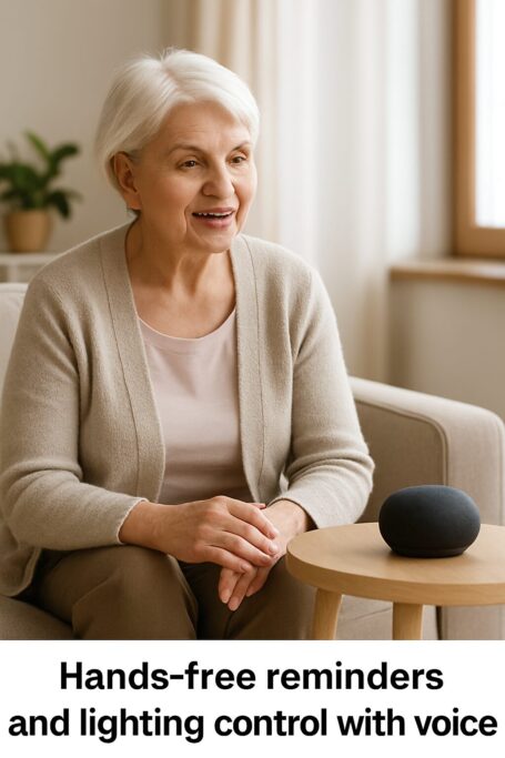 Elderly woman sitting on a sofa speaking to a smart speaker on a small table.