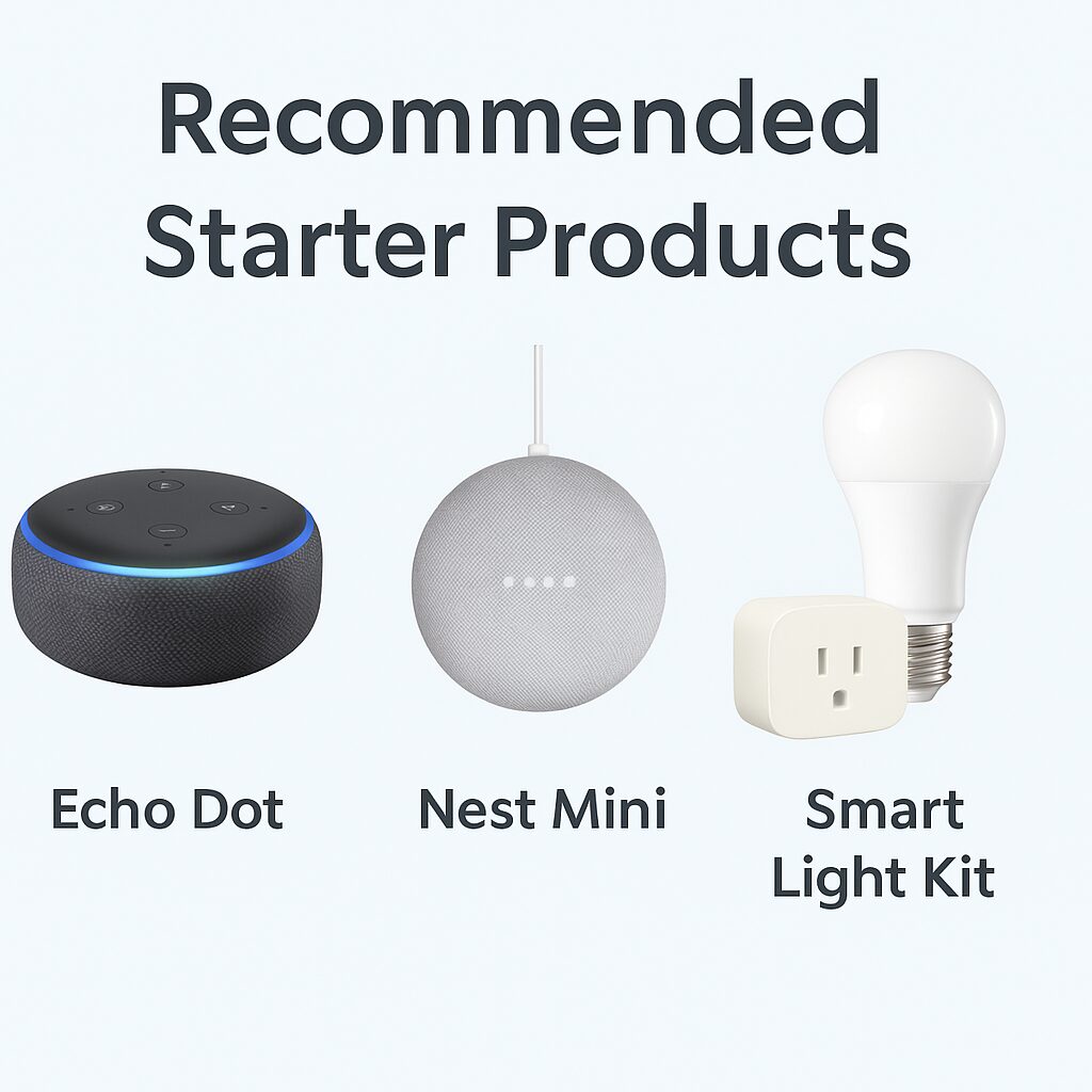 Product lineup of Echo Dot, Nest Mini, and Smart Light Kit labeled clearly.