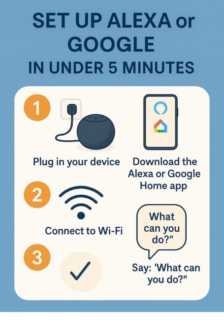 Infographic showing four steps to set up Alexa or Google smart speakers.