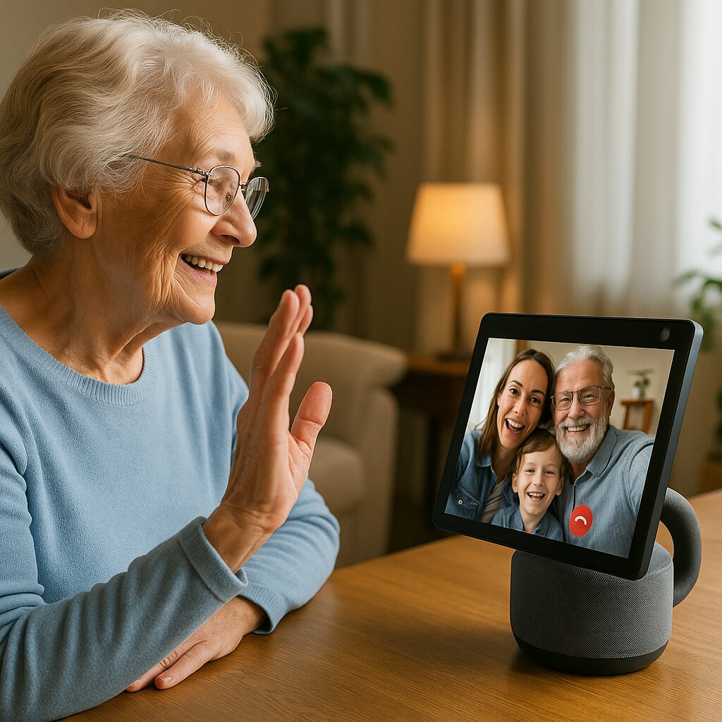 Senior using Echo Show 10 for a family video call.