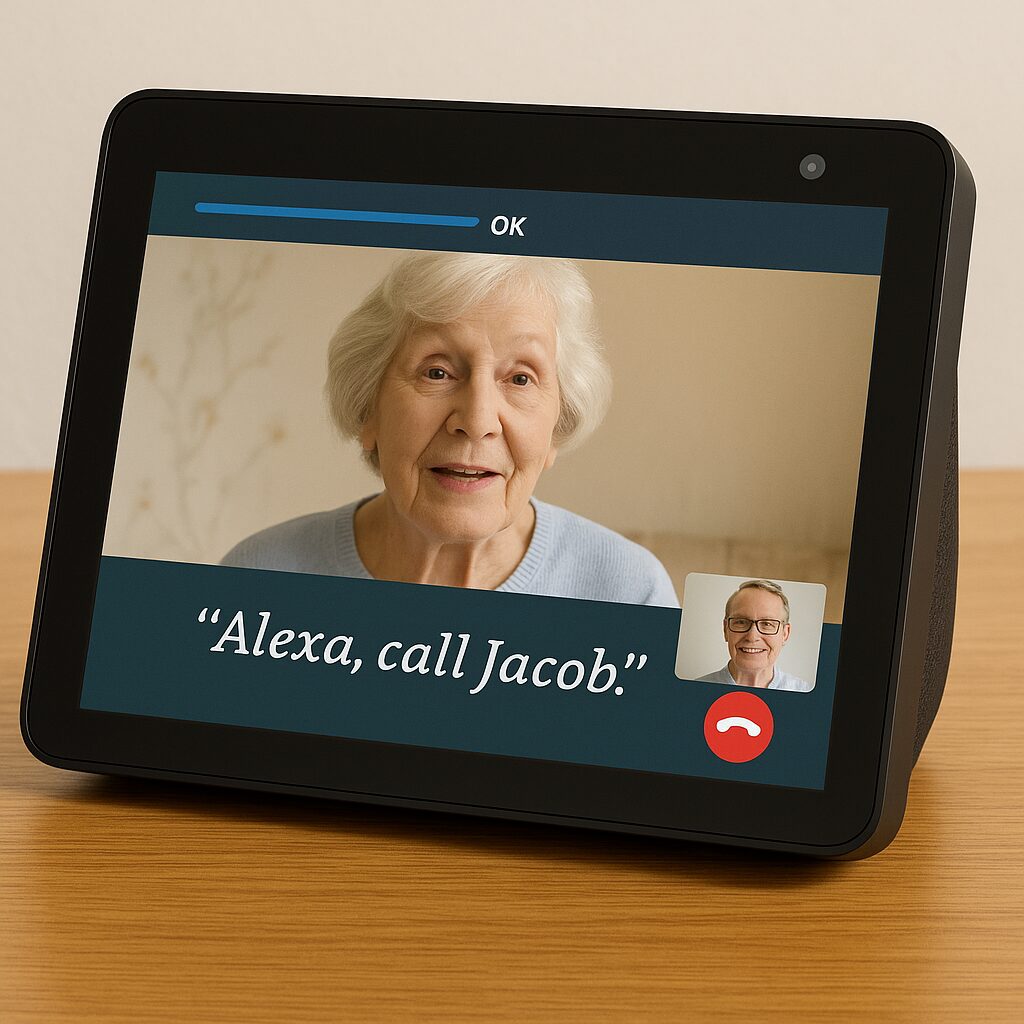 Amazon Echo Show device responding to a voice command in a senior’s living room.