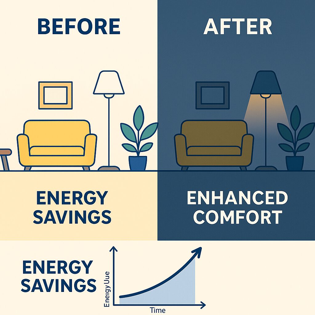 Side-by-side comparison of automated dimming in a living room.