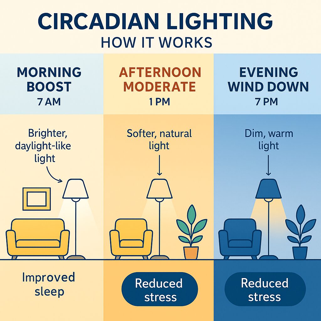 Circadian lighting cycle diagram showing morning boost and evening wind down.