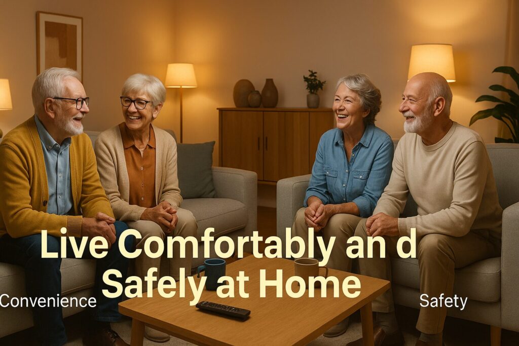Seniors relaxing in a cozy living room with smart lighting.