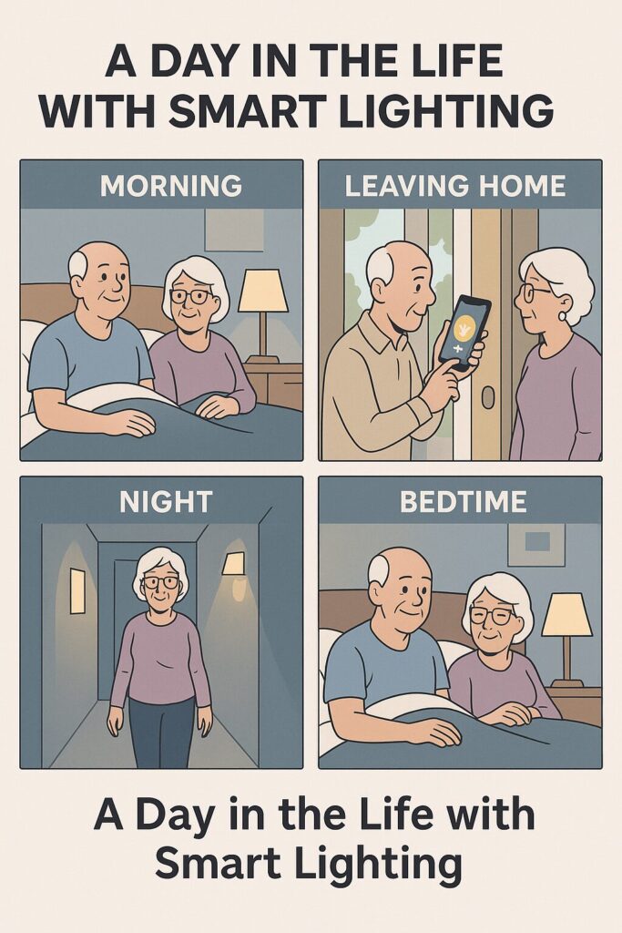 Storyboard of daily smart lighting use cases for seniors.