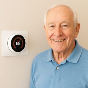 Elderly man smiling beside a smart thermostat set to 68 degrees
