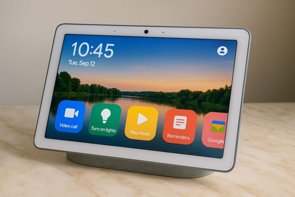 Google Nest Hub Max showing a clear, high-contrast video call interface on a wide display.
