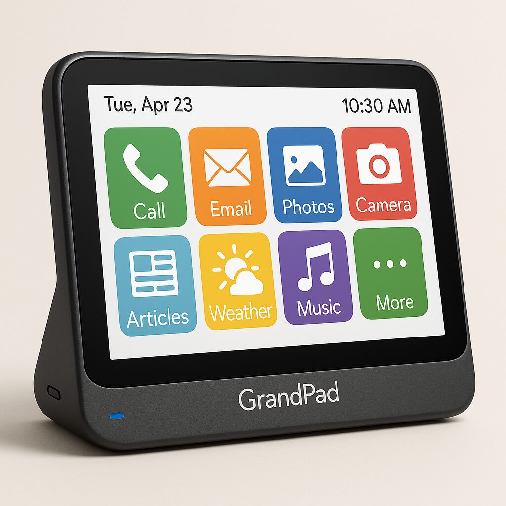 GrandPad tablet with large, clearly labeled buttons for easy use.