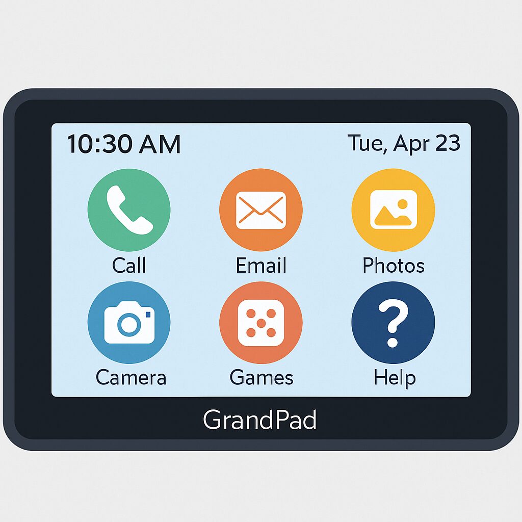 Simple GrandPad interface showing large icons and easy navigation designed for senior users.