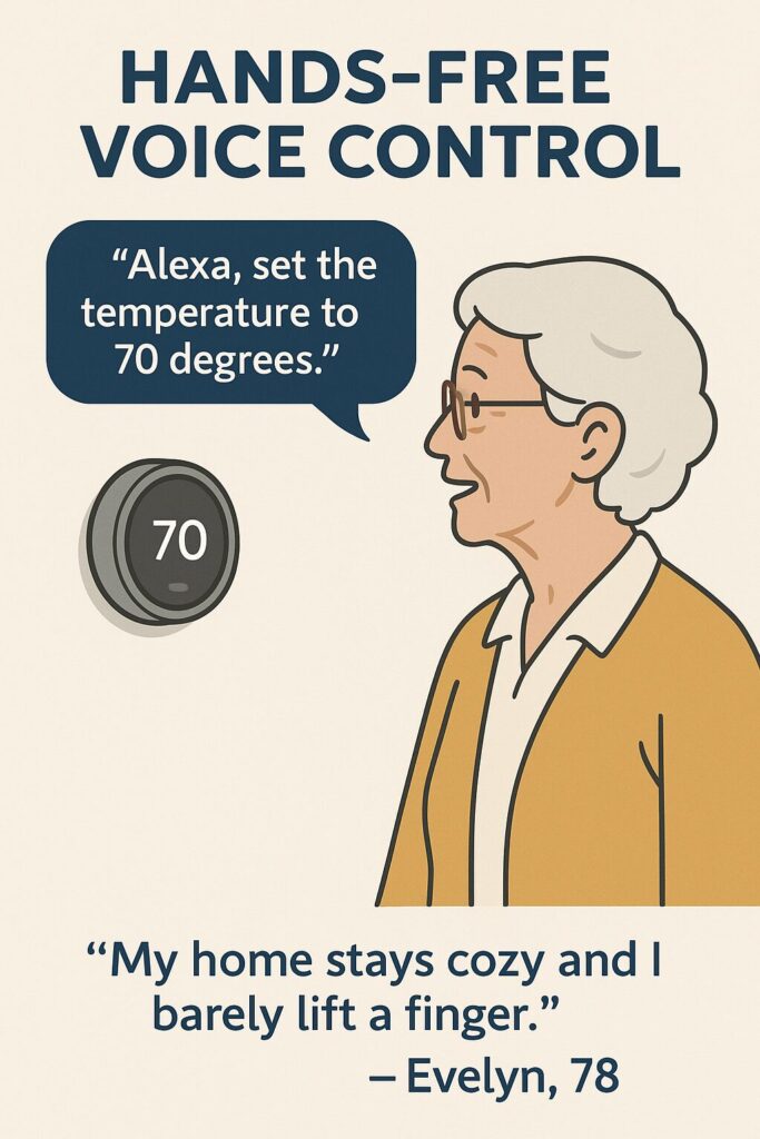 Elderly woman using voice control to adjust smart thermostat with quote bubble.