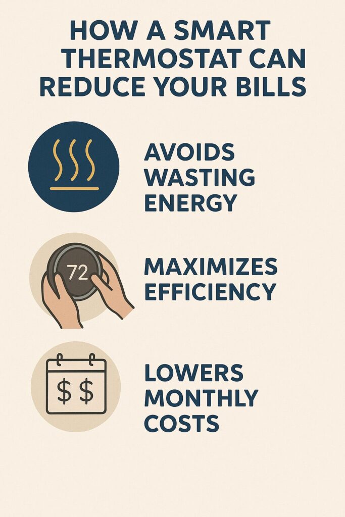 Infographic showing how smart thermostats reduce energy waste, boost efficiency, and lower costs.
