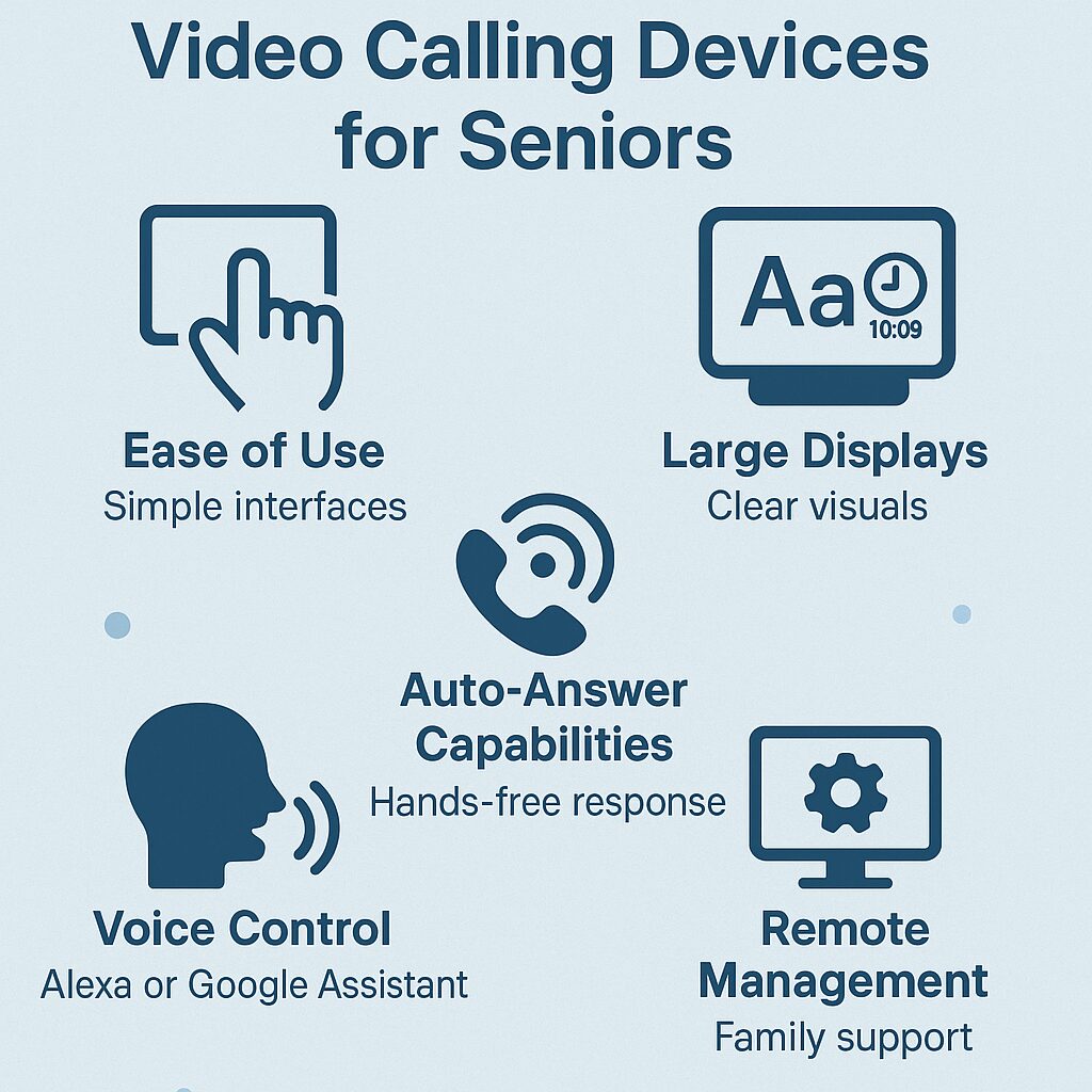Infographic summarizing key features like ease of use, large displays, auto-answer capabilities, voice control, and remote management.