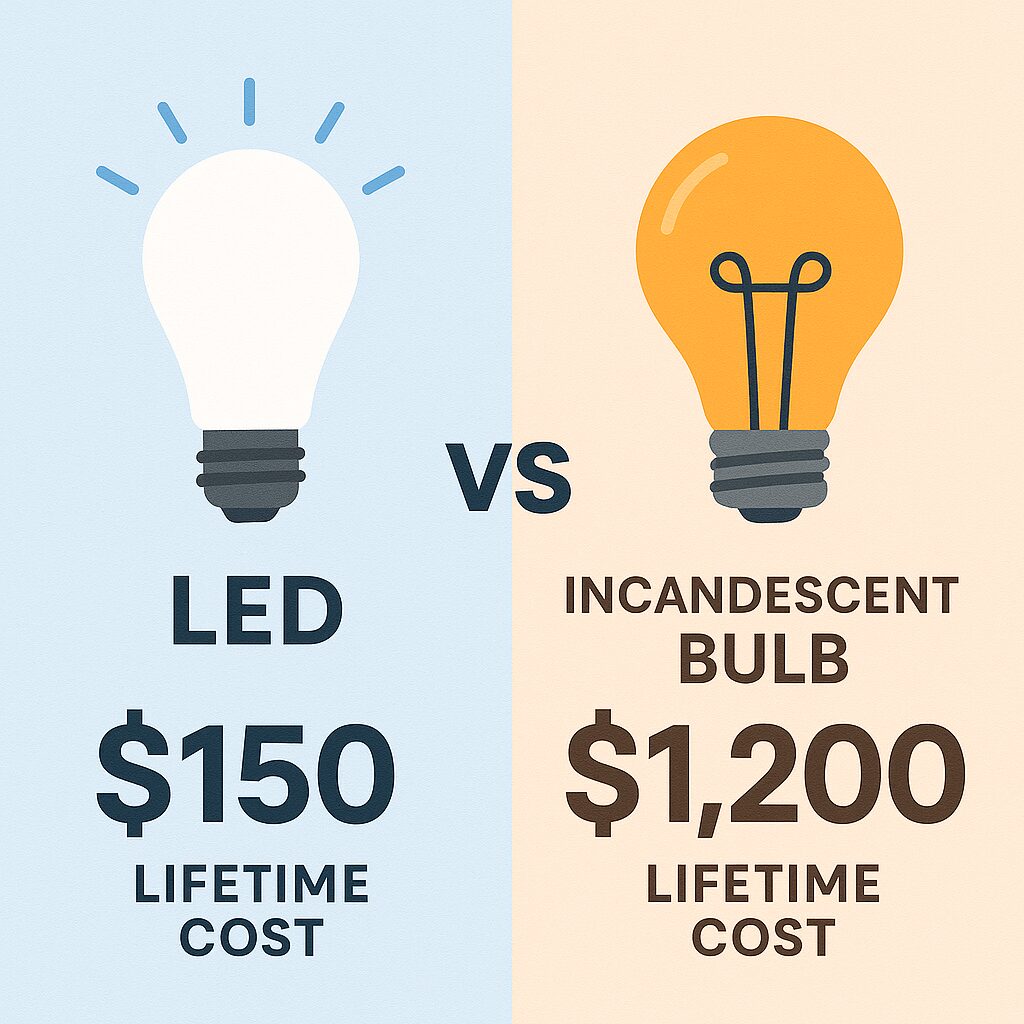 LED bulb vs. incandescent bulb lifetime cost comparison