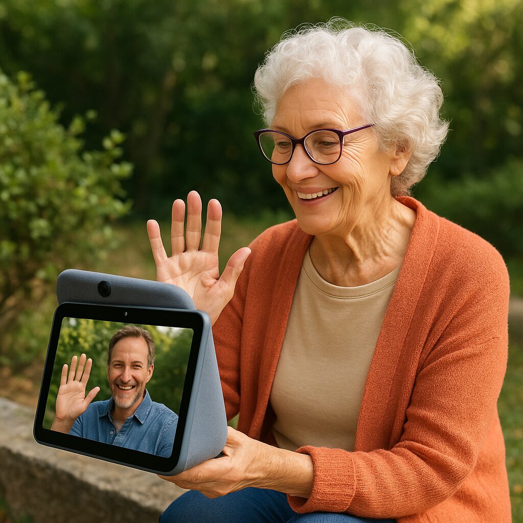 Senior using Meta Portal Go for outdoor video call.