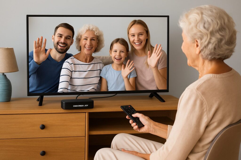 ONSCREEN Joy connected to a TV for family video calling.