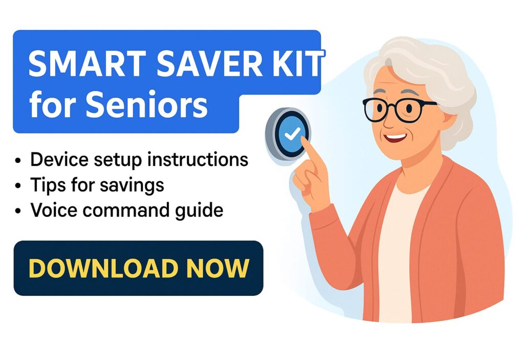 Senior woman using smart thermostat next to Smart Saver Kit CTA