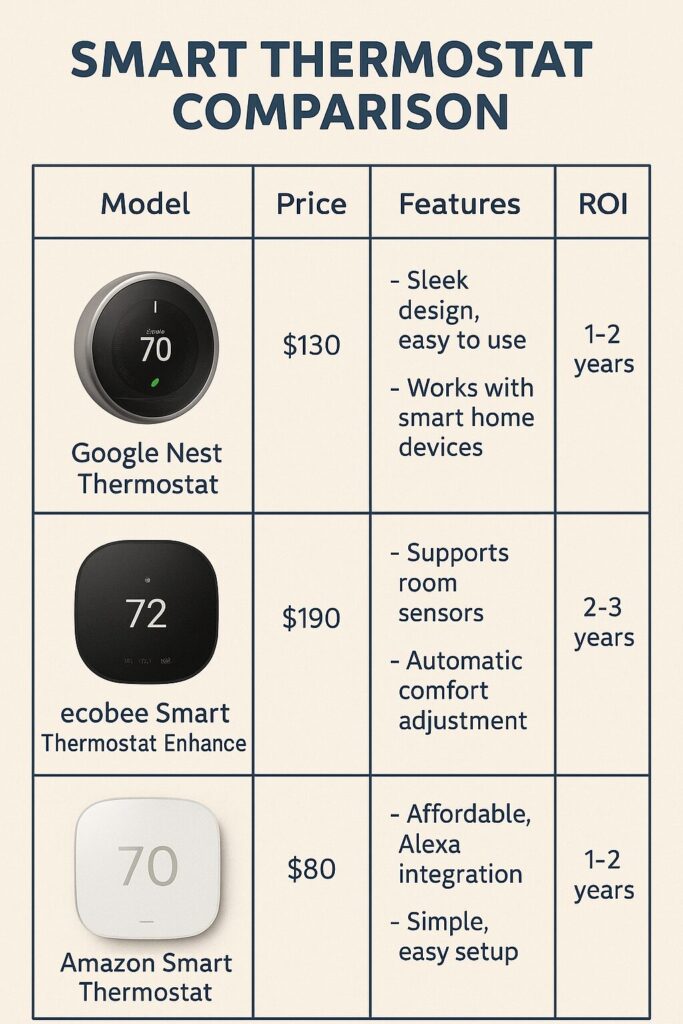 Image comparing Google Nest, ecobee, and Amazon thermostats by price, features, and ROI.