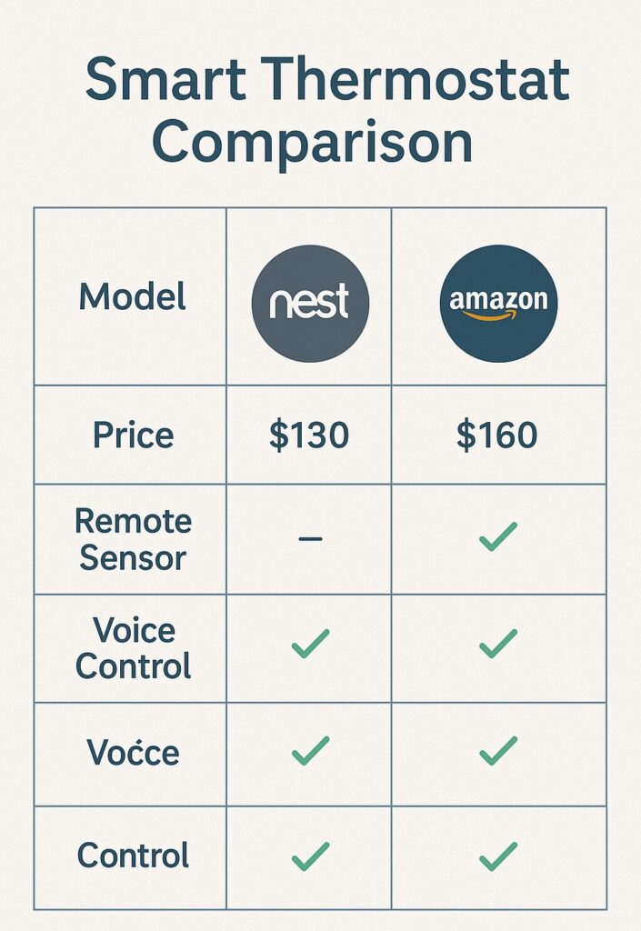 Visual comparison of Nest and Amazon thermostats with price, voice control, and sensor availability.