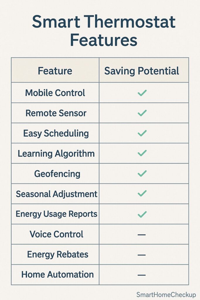 Checklist of ten smart thermostat features with green checkmarks for saving potential.