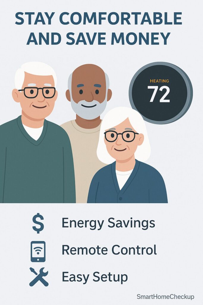 Cartoon of three senior users standing beside a smart thermostat, showcasing key thermostat benefits.