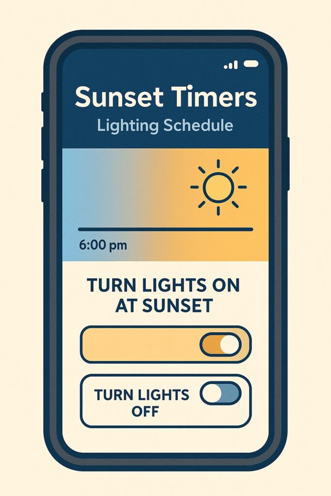 App interface for setting sunset timers on smart lighting.