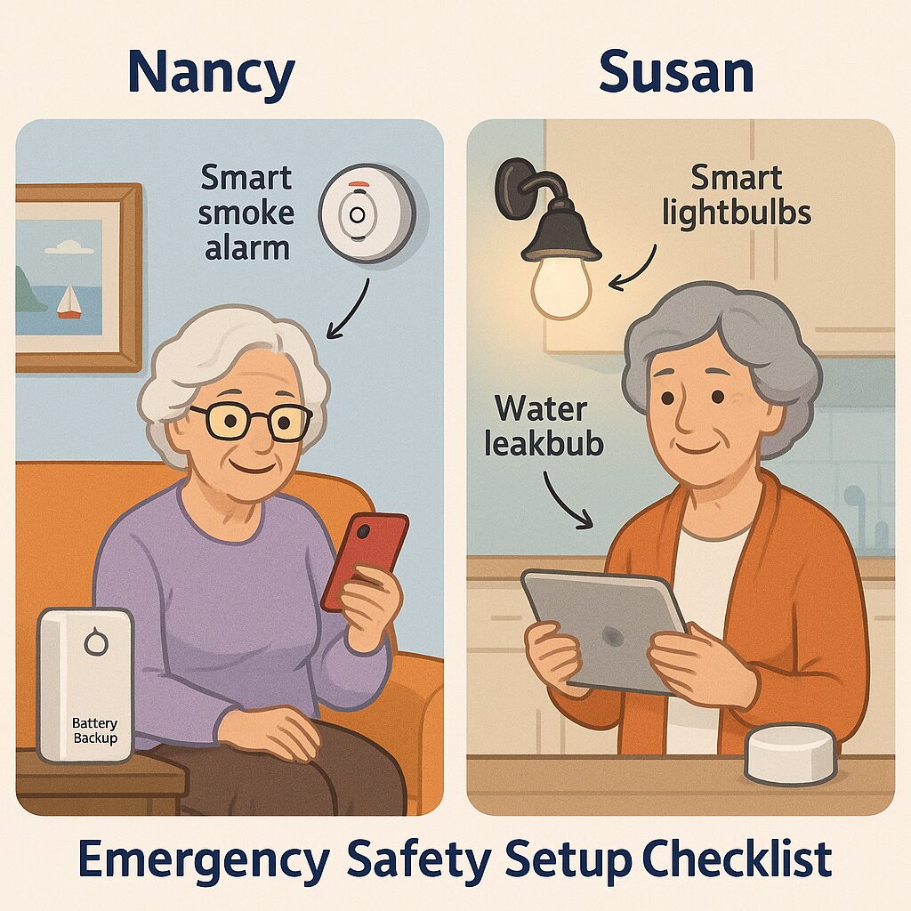 Seniors Nancy and Susan with smart safety devices