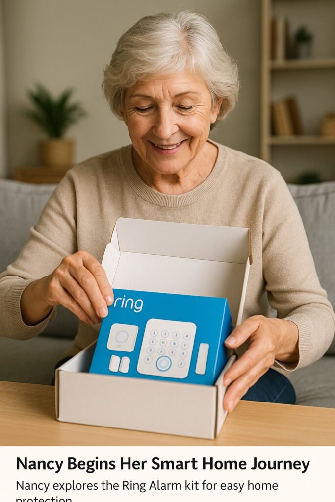 Senior woman unboxing Ring smart home kit