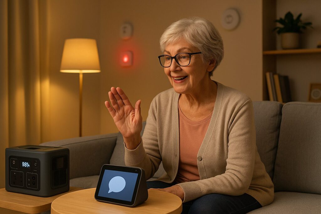 Elderly woman using a smart speaker in a cozy, well-lit living room