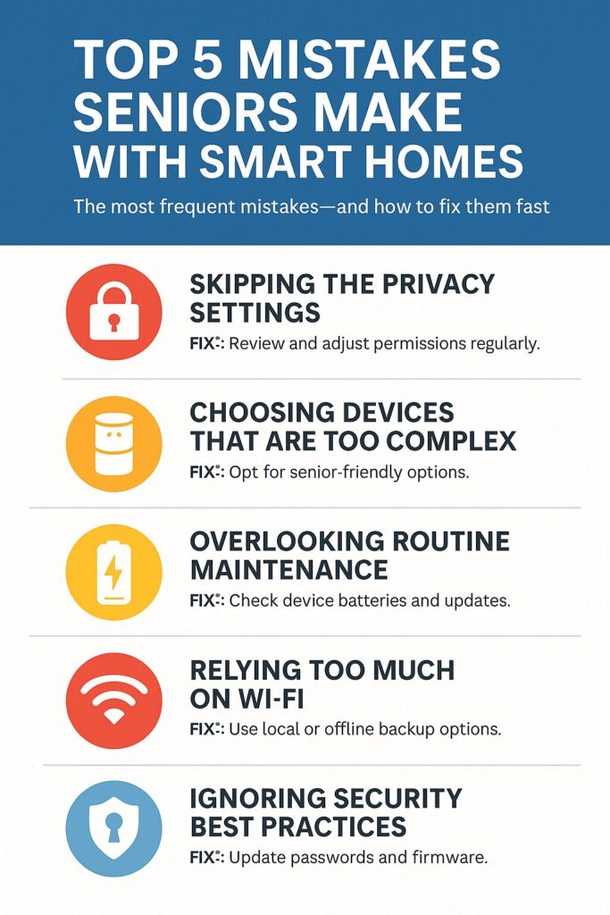 Infographic showing common smart home mistakes seniors make