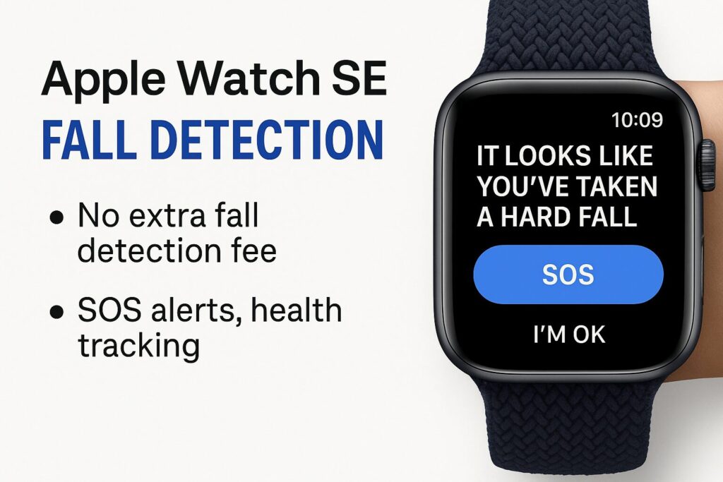 Apple Watch SE 2nd Gen fall detection alert screen with SOS and health tracking features.