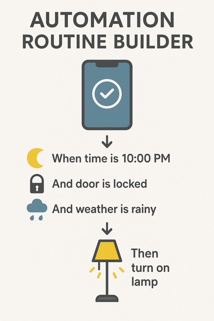 Smart home automation routine builder interface with triggers and actions