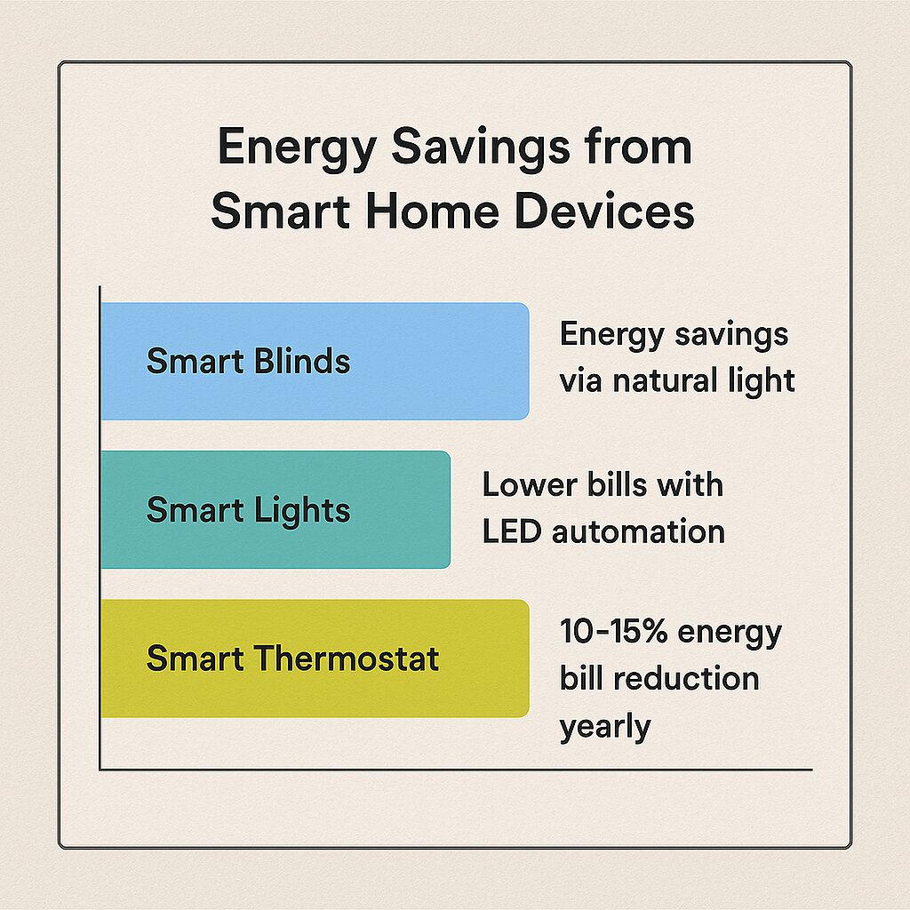 Chart comparing energy savings from smart blinds, lights, and thermostats.