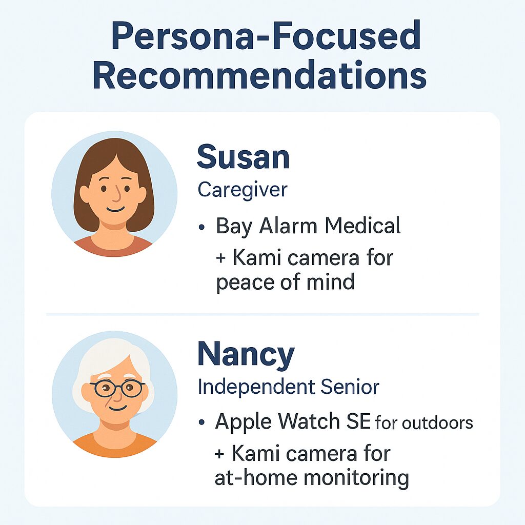Persona recommendations infographic showing Susan (caregiver) and Nancy (independent senior) with devices.