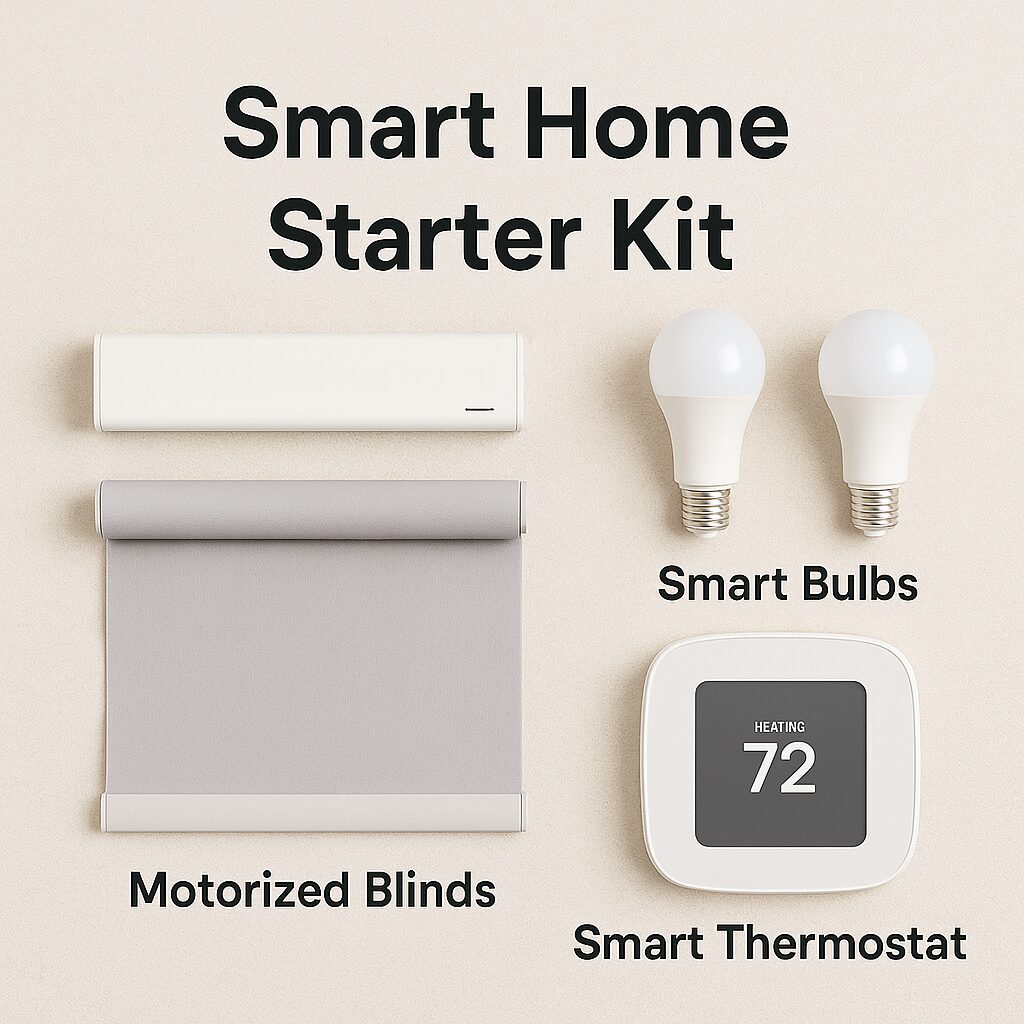Smart home starter kit for seniors with blinds, bulbs, and thermostat.