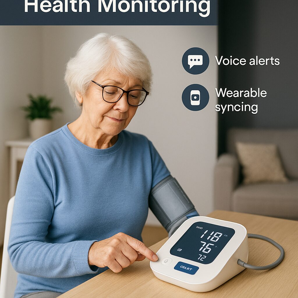 Senior woman using a smart health hub in her home