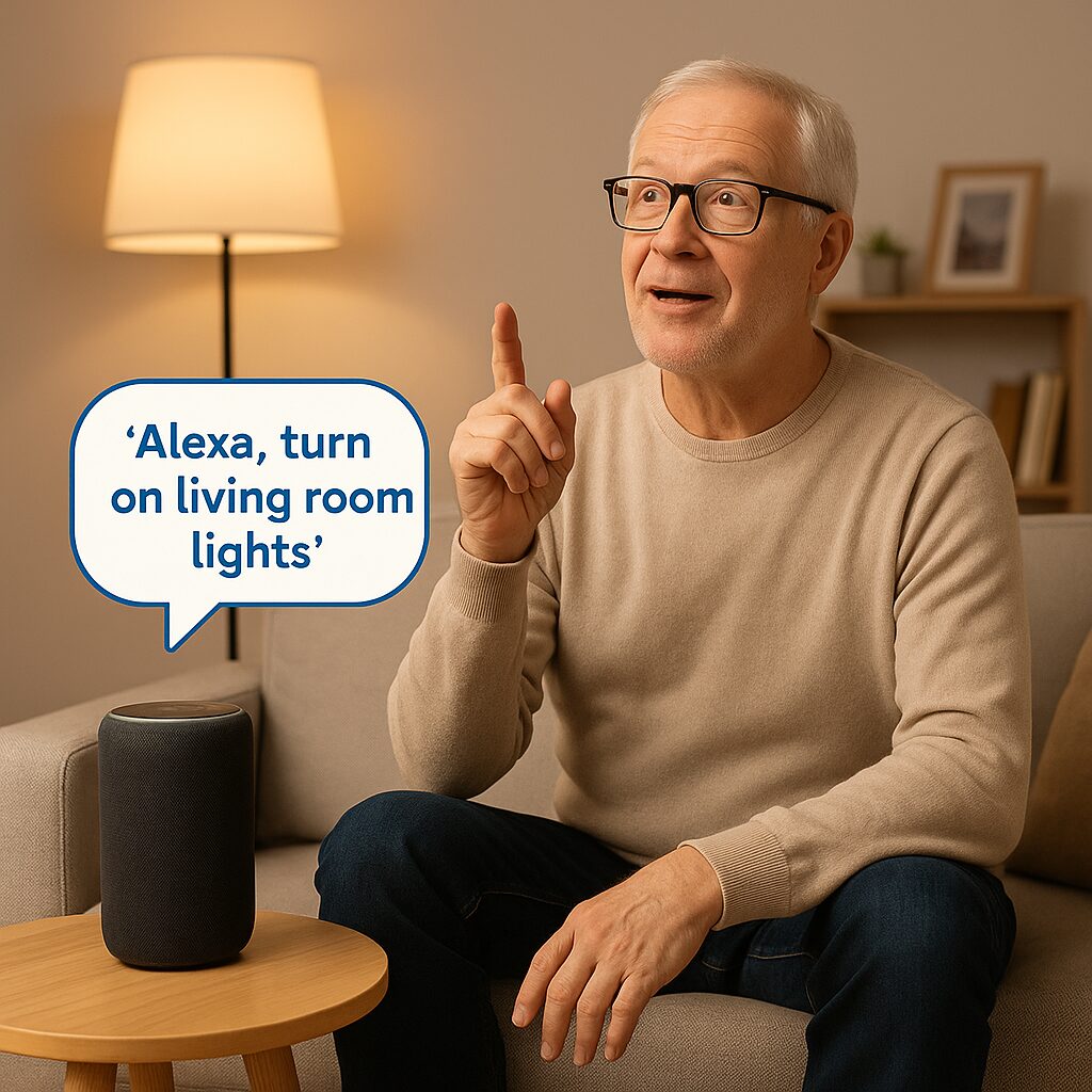 Senior using voice command to control smart lights.