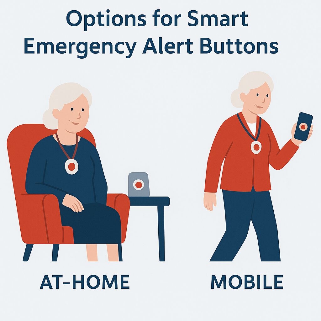 Side-by-side infographic comparing at-home base station emergency alert systems with mobile GPS wearable options.