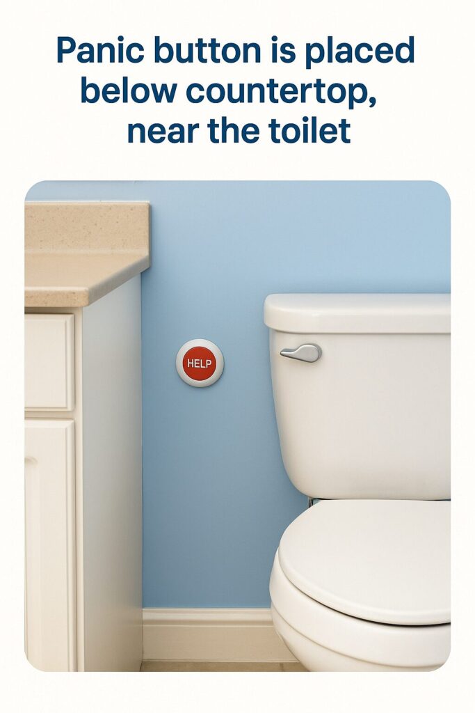 Bathroom wall-mounted panic button positioned near toilet for easy reach.