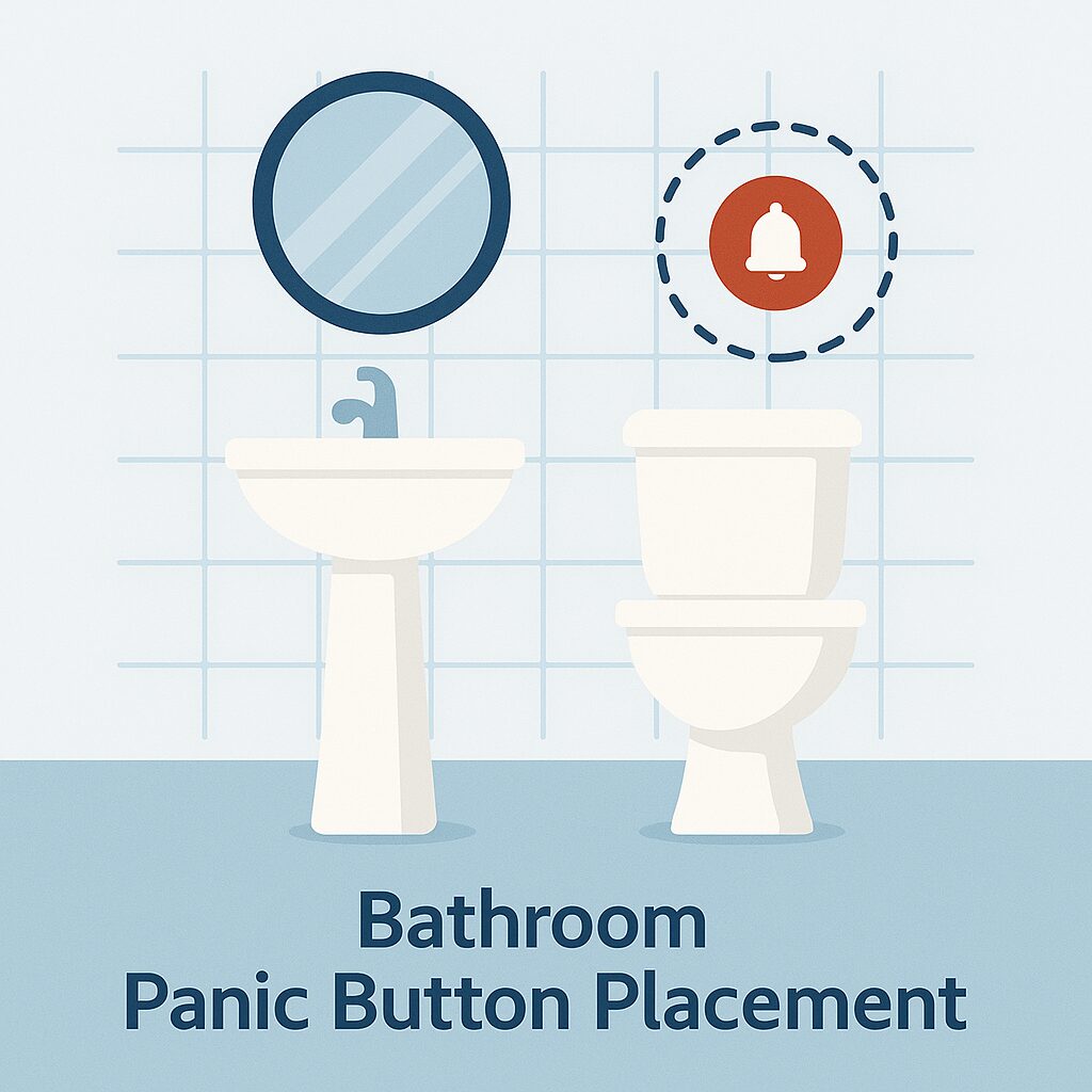Bathroom illustration showing wall-mounted panic button near sink and toilet for senior safety.