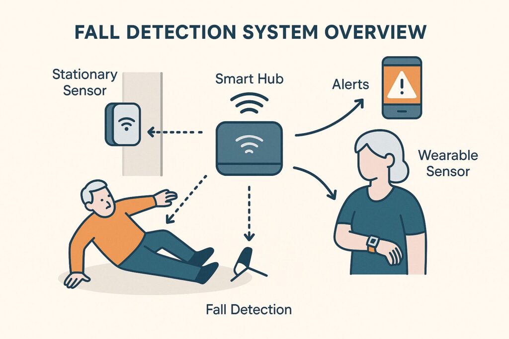 Diagram of a fall detection system for seniors showing sensors, smart hub, alerts, and caregivers