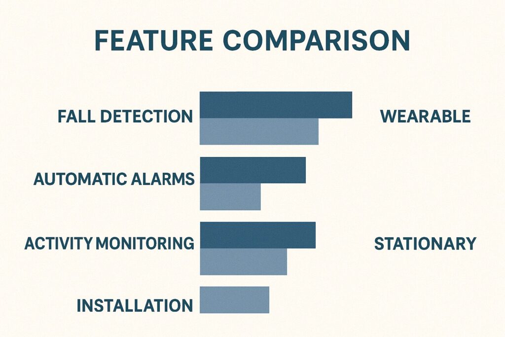 Bar chart comparing features of wearable and stationary fall detection sensors