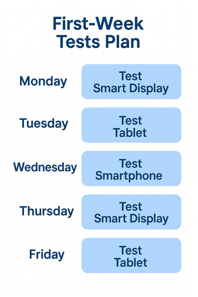 7-day checklist graphic for pairing devices, making test calls, and updating apps for telehealth readiness.