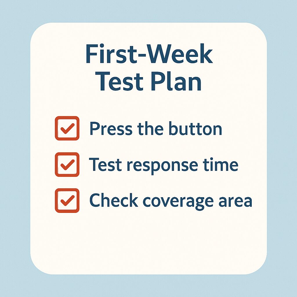 Illustrated test plan for new senior emergency alert buttons, including pressing the button, testing response, and checking coverage.