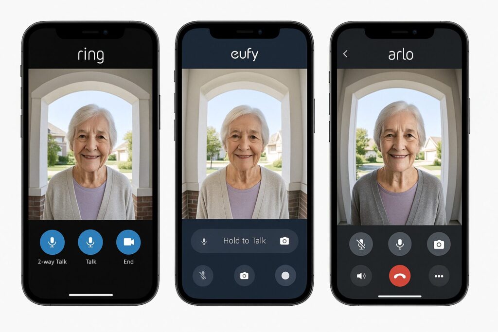 User interface view comparison of Ring, Eufy, and Arlo mobile apps.