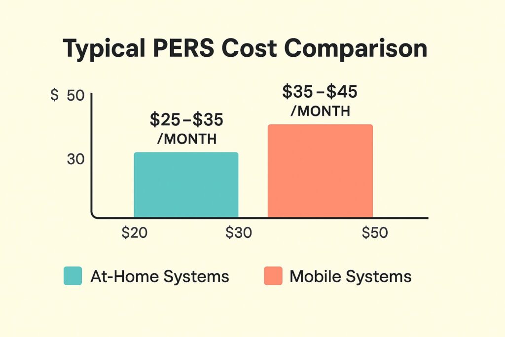 Bar chart comparing the monthly cost of basic PERS plans, fall detection add-ons, and GPS-enabled systems for seniors.