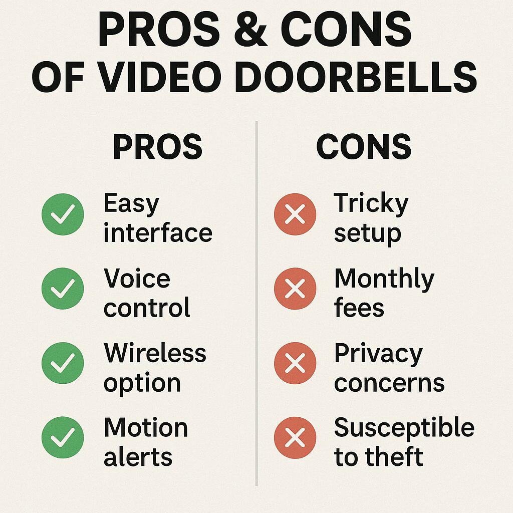 Pros and cons icons for Ring, Eufy, and Arlo doorbells.