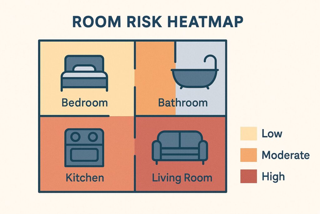 Heatmap of high-risk rooms for falls in a senior’s home: bathroom, bedroom, kitchen, living room