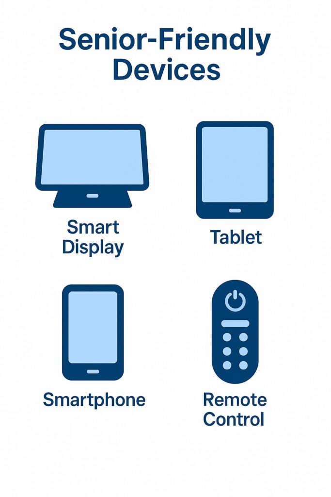 Vector icons representing smart display, tablet, smartphone, and remote control for seniors.