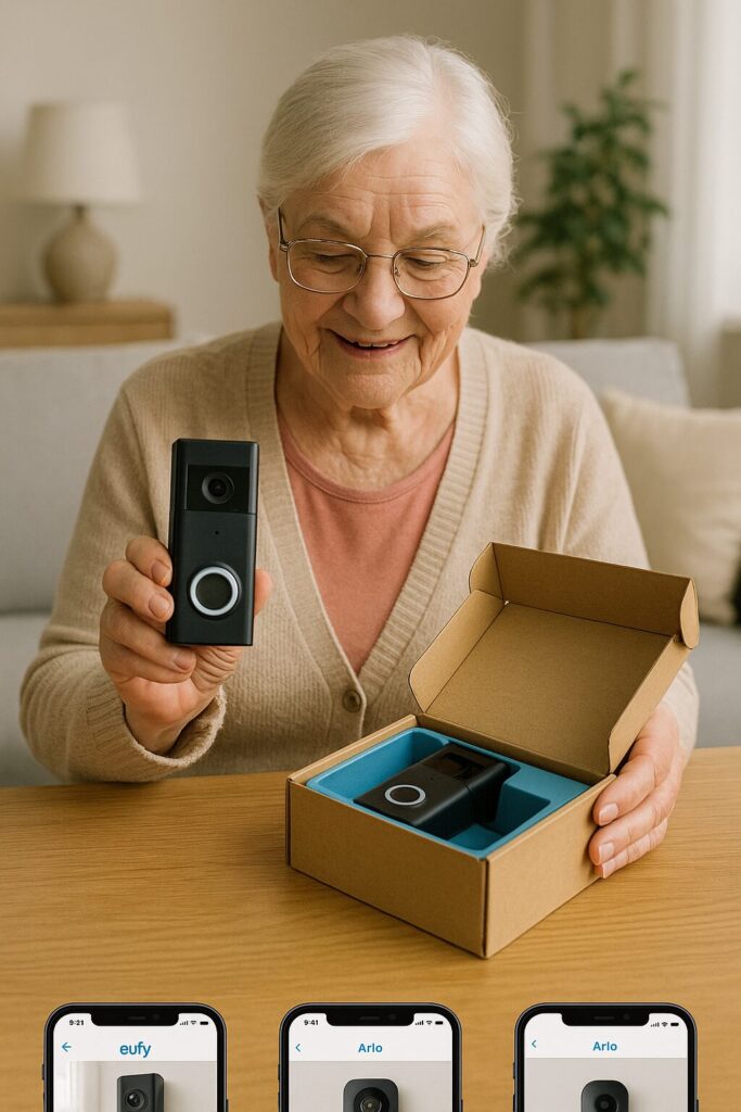 Senior opening a new video doorbell box at home.