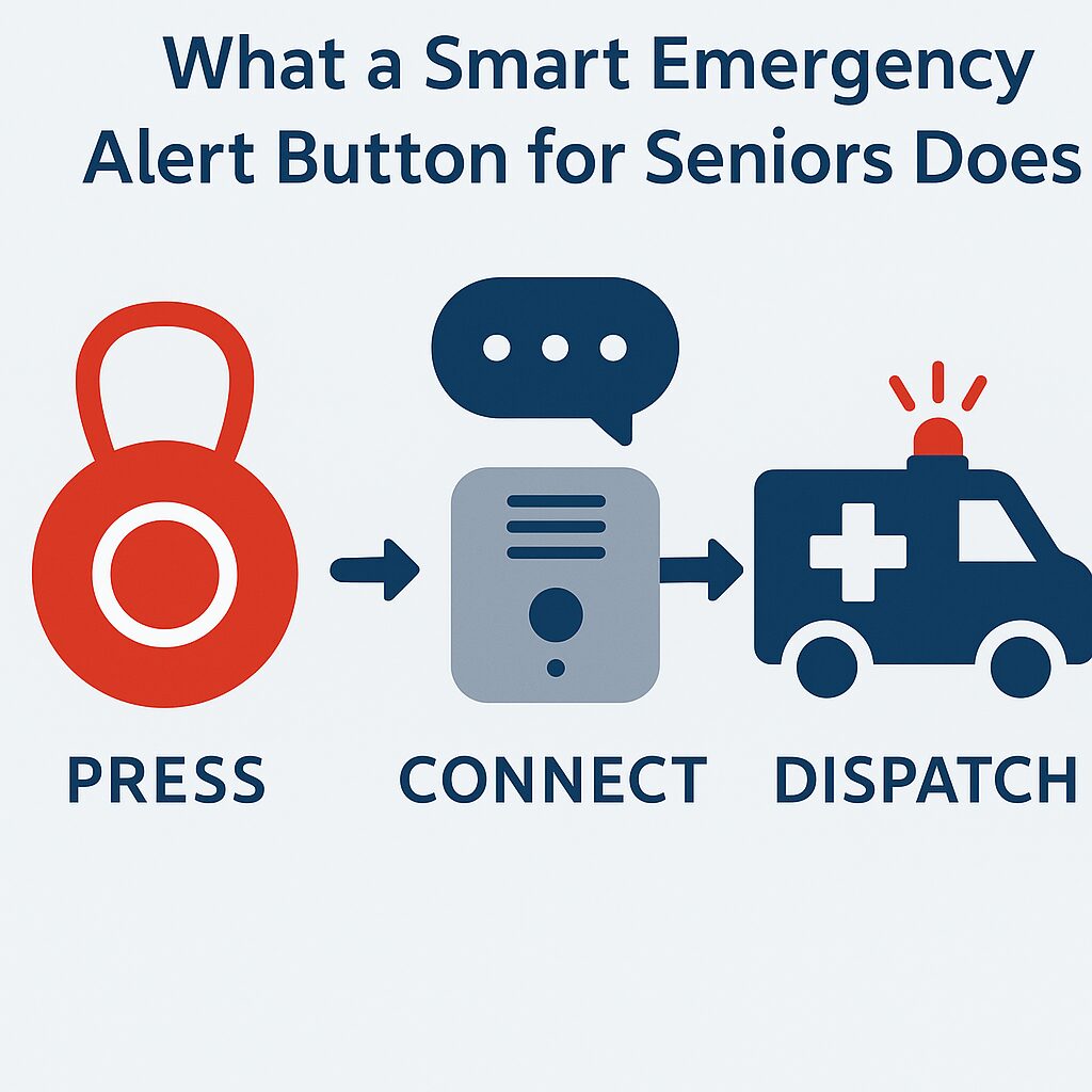 Diagram showing how smart emergency alert buttons for seniors work: press, connect, and dispatch help.
